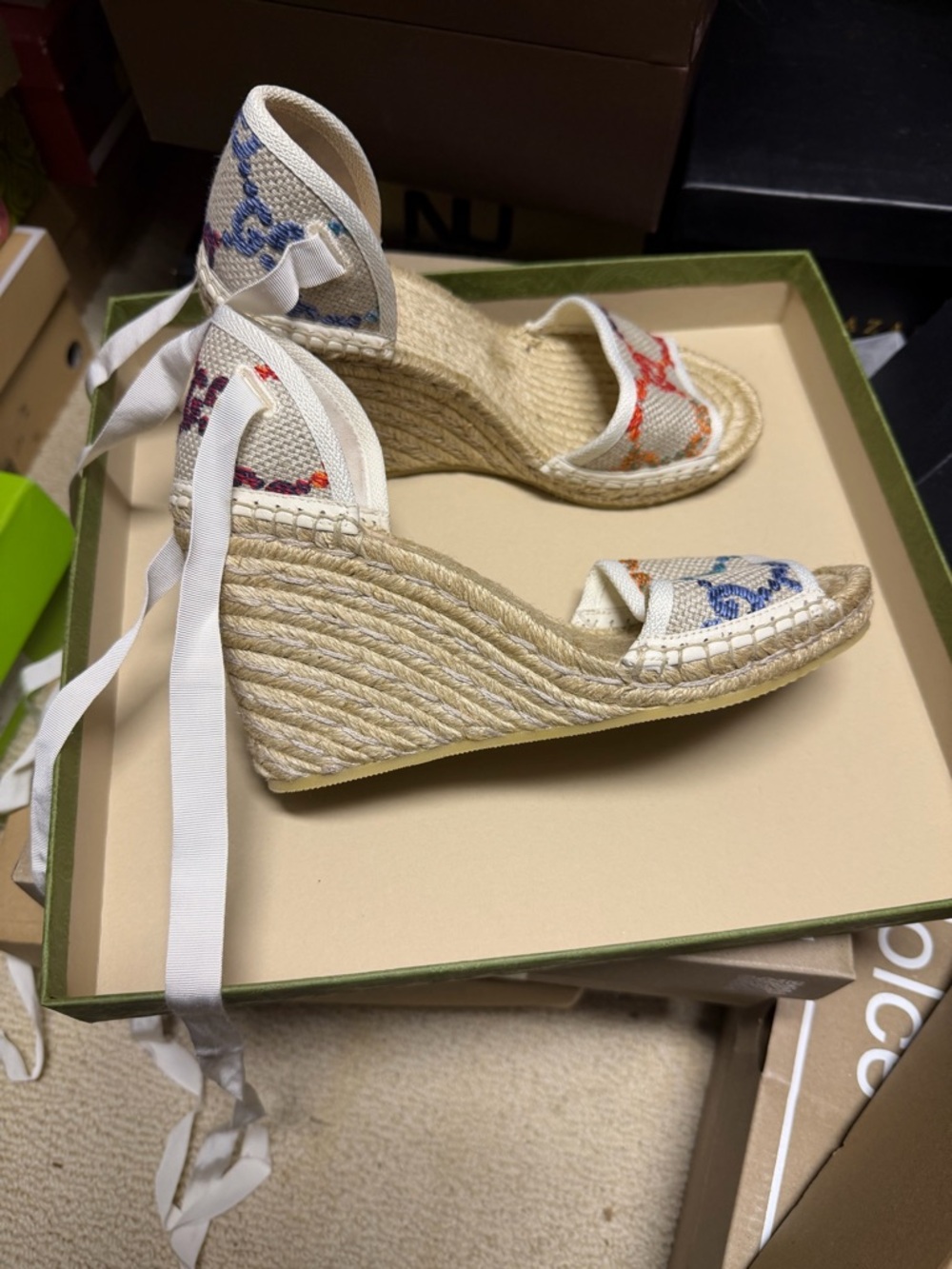 Gucci Multicolor GG Canvas Espadrille Wedge Sandals - Picture 3 of 9